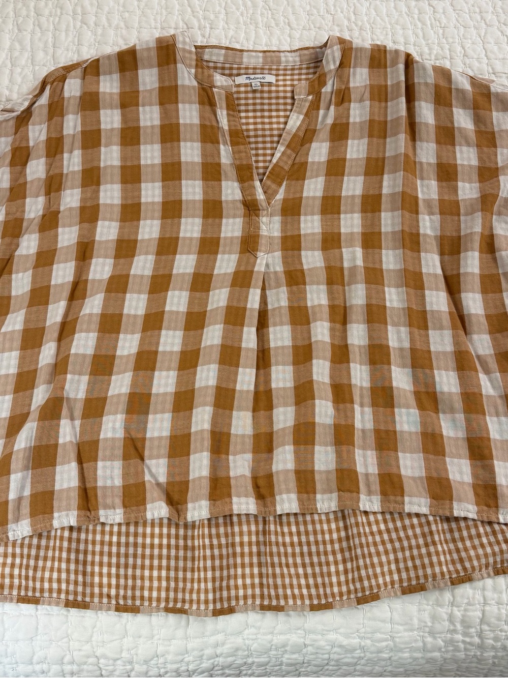 Madewell White and Orange Gingham Split-Neck Tunic